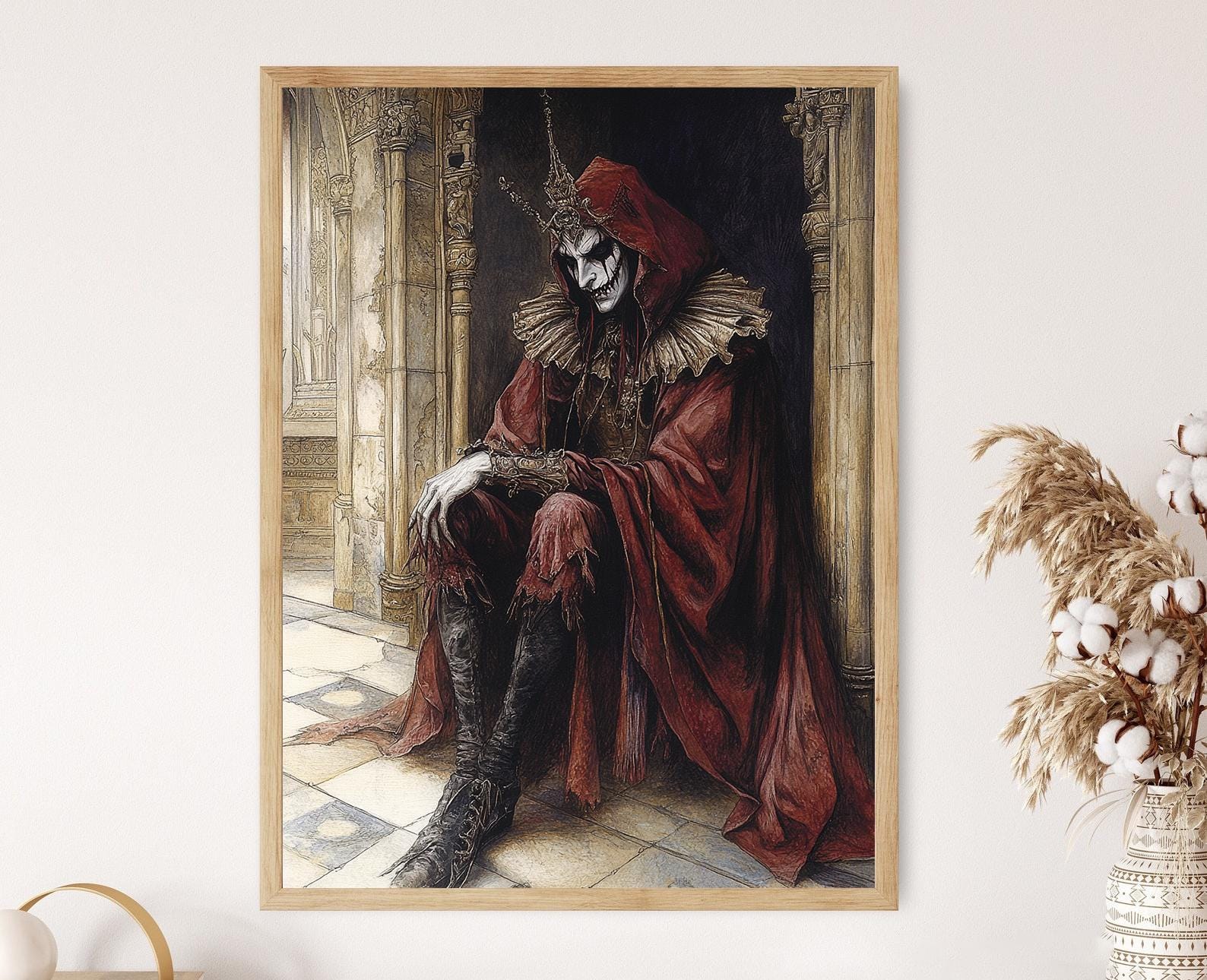 Gothic Court Jester Art Print, Dark Fantasy Illustration, Vampire Inspired Artwork