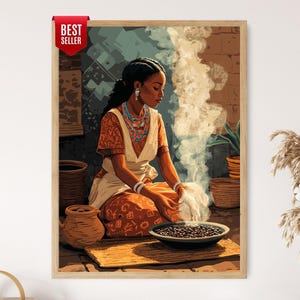 May include: A framed wall art print depicting a person with dark hair wearing a patterned orange garment and blue beaded necklaces, sitting on a mat while roasting coffee beans in a bowl with rising smoke, surrounded by clay pots and a brick wall.