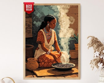 May include: A framed wall art print depicting a person with dark hair wearing a patterned orange garment and blue beaded necklaces, sitting on a mat while roasting coffee beans in a bowl with rising smoke, surrounded by clay pots and a brick wall.
