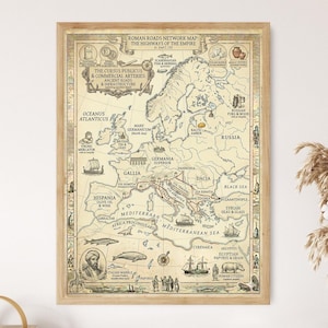 May include: A framed historical map titled Roman Roads Network Map: The Highways of the Empire, featuring detailed illustrations of ancient trade routes, geographical regions, and maritime vessels across Europe, North Africa, and the Mediterranean.