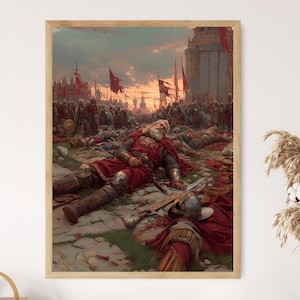 Poster della morte di re Harold, stampa artistica della scena della battaglia di Hastings, dipinto murale di storia medievale