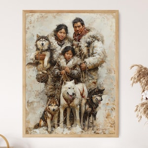 Inuit Family with Sled Dogs, Eskimo Cultural Painting