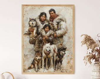Inuit Family with Sled Dogs, Eskimo Cultural Painting