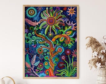 Impressão inspirada na arte huichol, decoração mexicana colorida, arte de parede espiritual, presente de aniversário exclusivo