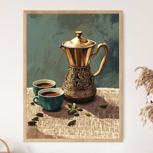 Kunstdruk Syrische koffieset: arabesk patroon, Midden-Oosters decor