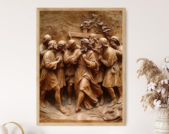May include: A wooden relief sculpture depicting a scene from the Bible, likely the carrying of the cross. The sculpture features multiple figures, including Jesus Christ, who is carrying a cross on his shoulder. The figures are carved in a realistic style and are depicted in a dramatic pose. The sculpture is framed in a wooden frame.