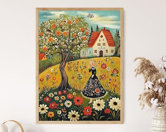 German Folk Art Print, Whimsical Countryside Scene With Blossoming