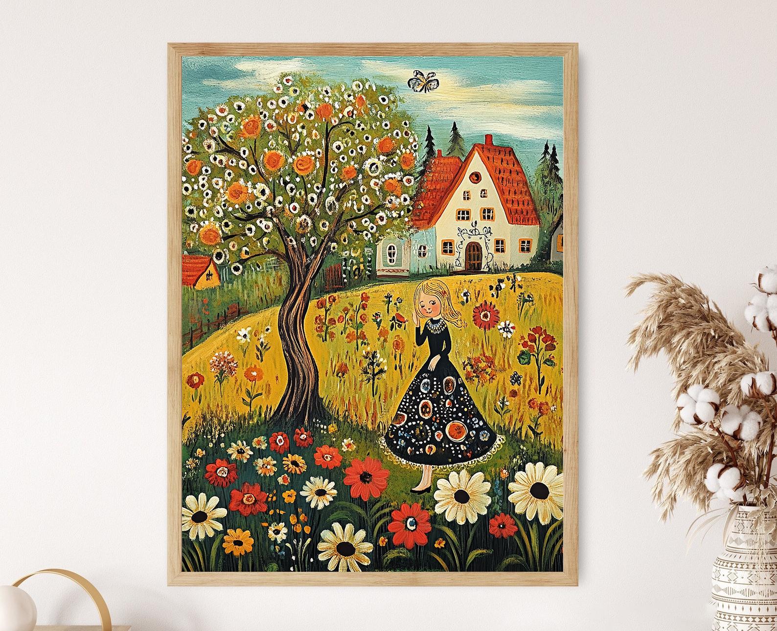 German Folk Art Print, Whimsical Countryside Scene With Blossoming