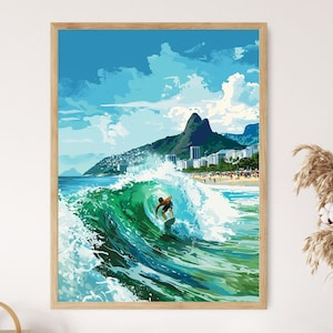 Surfing at Ipanema Beach Illustration Print, Vibrant Wall Art, Brazilian Beachscape Decor, Unique Housewarming Gift