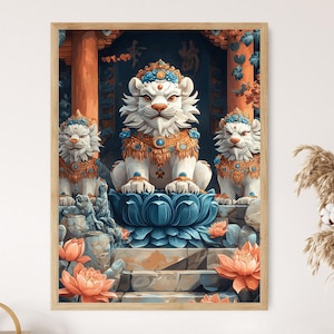 Tibetan Snow Lion Statue Illustration, Folklore Wooden Ornament Art Print