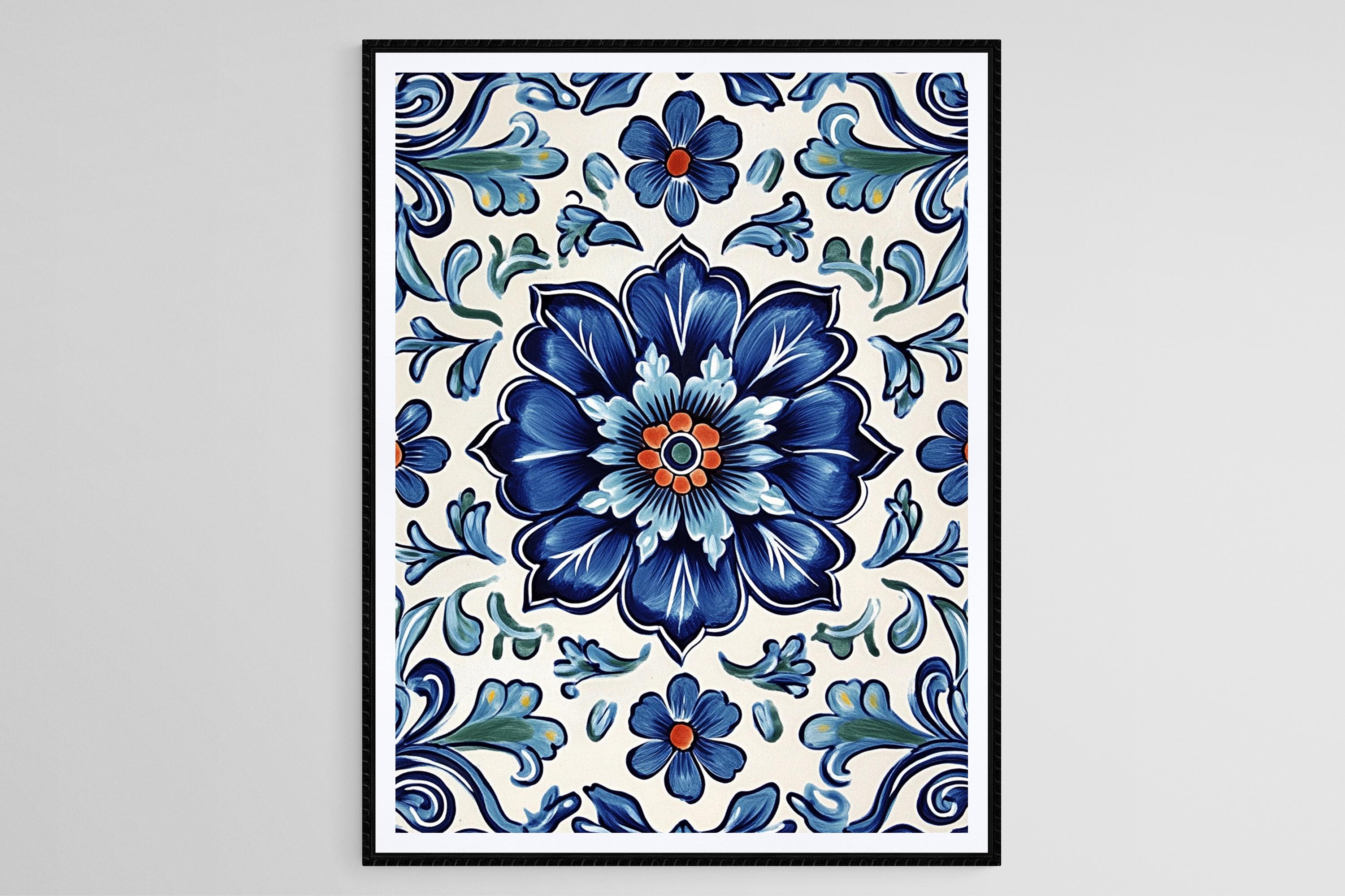 ウォールアート Tuscan/Navy 花柄 フローラル ゲルコート　Ⓣ Navy Blue Talavera Floral Pattern Art Print, Mexican Tile Inspired