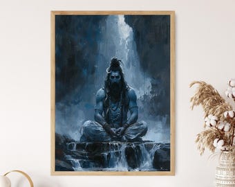 May include: A framed print depicting a meditating figure in blue and grey tones. The artwork shows a long-haired, bearded person with jewellery, set against a waterfall and a dark, atmospheric sky. The print is presented in a wooden frame.