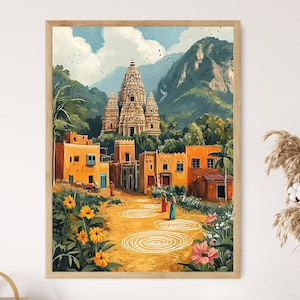 Tamil Nadu Village Art Print, Temple Gopurams and Kolam Designs - Etsy