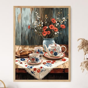 Matyó Embroidered Tablecloth Art Print, Traditional Hungarian Folk Decor, Floral Heritage