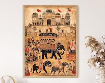 王室の行列のミニチュアアートプリント、アンティークインド絵画、伝統