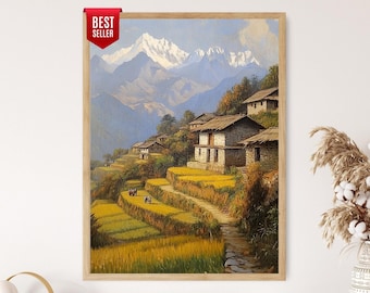 May include: A framed wall art print depicting a mountain landscape with terraced golden rice fields, stone houses with wooden roofs, and snow-capped peaks in the background. A red banner in the top left corner displays the text BEST SELLER.