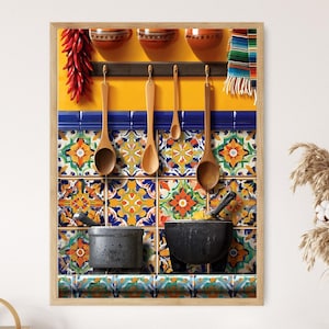 Levendige Talavera Kitchen Art Print: kleurrijk Mexicaans tegeldecor, chilipepers, houten lepels