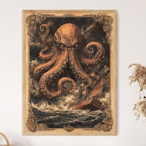 Kraken Bestiarium Illustration, Mittelalterliches Seeungeheuer, Nautische Fantasie Kunstdruck