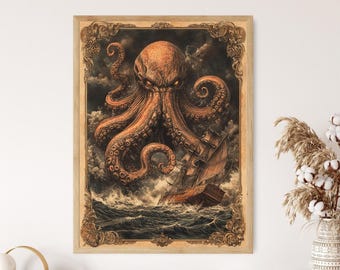 Kraken Bestiary Illustration, Medieval Sea Monster, Nautical Fantasy Art Print