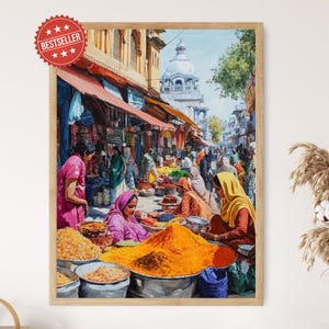 Amritsar Punjabi Market Art Print, Colorful Fabrics and Spices image 1