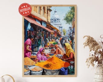 Amritsar Punjabi Market Art Print, Colorful Fabrics and Spices
