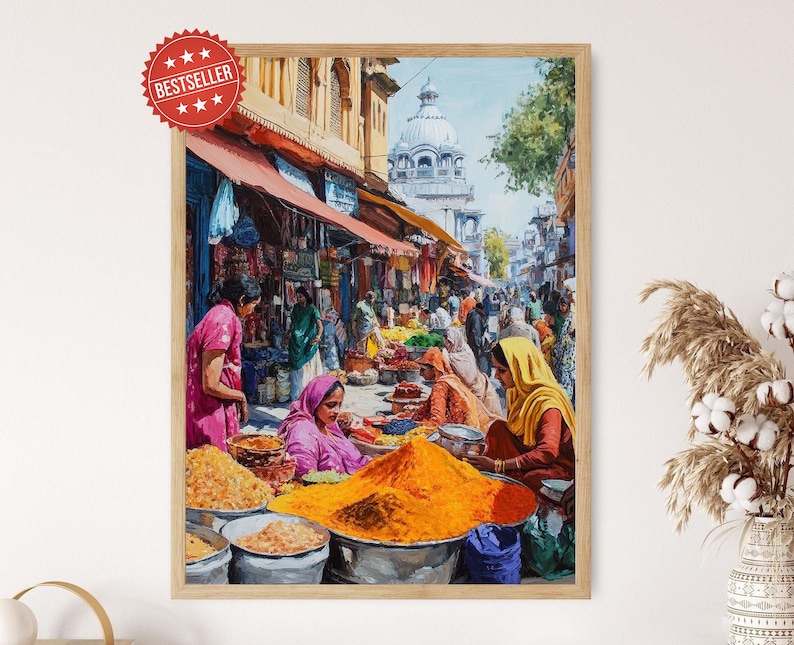 Amritsar Punjabi Market Art Print, Colorful Fabrics and Spices image 1
