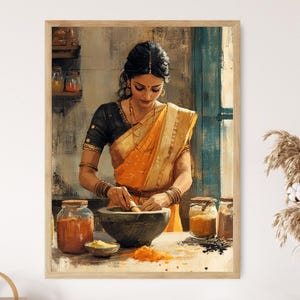 Indische Gewürzmühle Kunstdruck, rustikale Küchendekoration, indisches Restaurantdekor