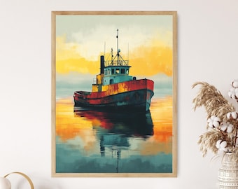 Rustic Tugboat at Misty Horizon Poster, Weathered Marine Painting, Coastal Tug Art Print
