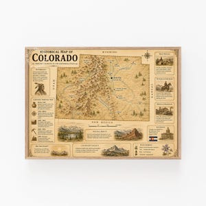 May include: A rectangular historical map of Colorado printed on aged paper with a wooden frame. The map features the Rocky Mountains, major cities like Denver, and historical illustrations including First Peoples, pioneers, and state symbols.
