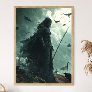 May include: A dark, mysterious figure with green eyes stands in a forest setting, holding a spear. The figure is wearing a long, flowing black cloak and is surrounded by a flock of crows.