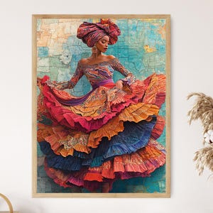 Cuban Rumba Dress and Gele Headwrap Illustration, Traditional Dance Clothing Art