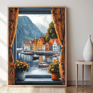 Lámina artística de la zona del fiordo de Bergen, póster de decoración de la ciudad noruega
