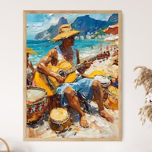 Ipanema Beach Artisans and Musicians Illustration Print, Vibrant Wall Art, Brazilian Beachscape Decor, Unique Housewarming Gift
