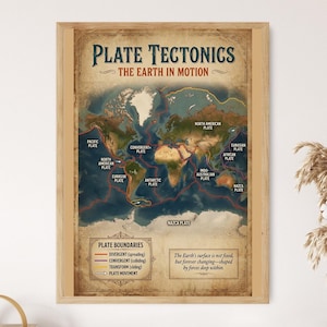Plate Tectonics World Map, Earth's Moving Plates Educational Science Poster
