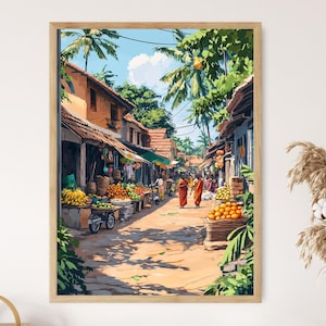 Impresión artística de la aldea de Jaffna, póster del mercado de Sri Lanka, ilustración cultural colorida