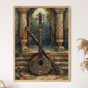 Exquisite Tanpura with Rich Details Art, Traditional Indian Musical Instrument Painting