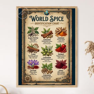 Könnte beinhalten: Ein gerahmtes World Spice Identification Chart Poster mit Illustrationen von schwarzem Pfeffer, Zimt, Kurkuma, Kreuzkümmel, Kardamom, Paprika, Safran, Koriander und Sumach sowie deren botanischen Namen, Herkunft und Geschmacksprofilen in Schwarz.
