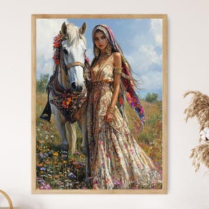 Impresión artística de mujer gitana con caballo, póster floral bohemio