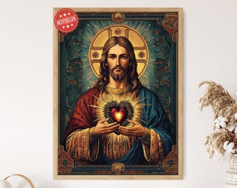 Sacred Heart of Jesus Icon, Byzantine Catholic Art, Christian Devotional Print