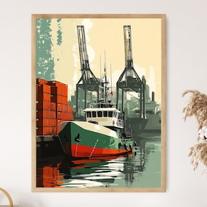 Colorful Tugboat at Industrial Pier Poster, Working Harbor Painting, Maritime Dock Art Print