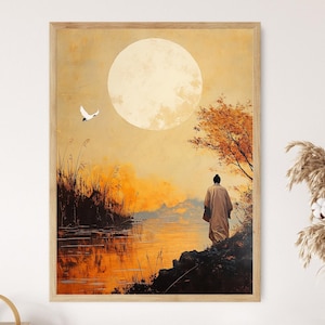 Konfuzius River Walk Kunstdruck, Asiatische Landschaft, Wandkunst, Vollmond Reflexion Malerei, Ruhige Herbst Szene, Zen Philosophie Dekor