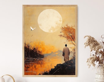 Confucius River Art Print: Full Moon Asian Landscape, Zen Decor