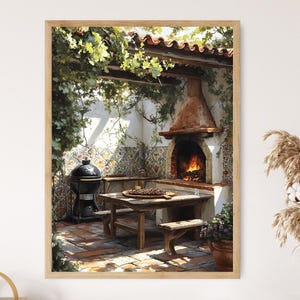 May include: A painting of an outdoor patio with a brick oven, a grill, and a wooden table with a plate of food. The patio is surrounded by lush greenery and has a tiled floor.