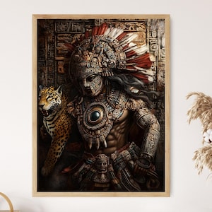 Op de afbeelding: Een ingelijste print met een gedetailleerde illustratie van een Azteekse krijger, versierd met een uitgebreide hoofdtooi en sieraden. Een jaguar is links van de krijger geplaatst. Het kunstwerk is rijk aan details en kleuren, met een focus op historische en culturele thema's.