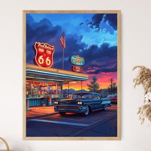 Route 66 Diner Art Print Arizona Retro Americana Wall Decor,  Vintage Road Trip Gift