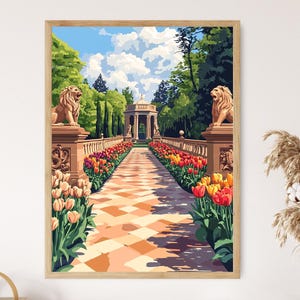 Potsdam Gartenpavillon mit Skulpturen von Löwen und Tulpen, Barocke Blumenwandkunst in einem deutschen Hof