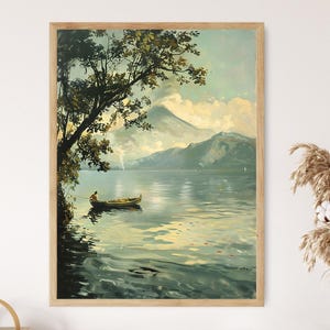 Pintura de un pescador en el lago Coatepeque, impresión artística de la naturaleza salvadoreña, paisaje sereno con volcanes