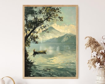 Lake Coatepeque Fisherman Painting, El Salvadorian Nature Art Print, Serene Landscape with Volcanoes