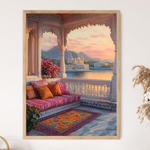 May include: A colorful rug with a floral pattern sits on a white tiled floor in front of a white and pink building with a view of a lake. The building has a balcony with a white railing and a pink and purple cushion on a bench.