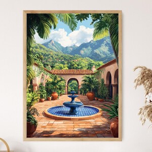 Comayagua Honduras Fountain Fine Print: Blue Tiles, Tropical Pots, Highland Pine View